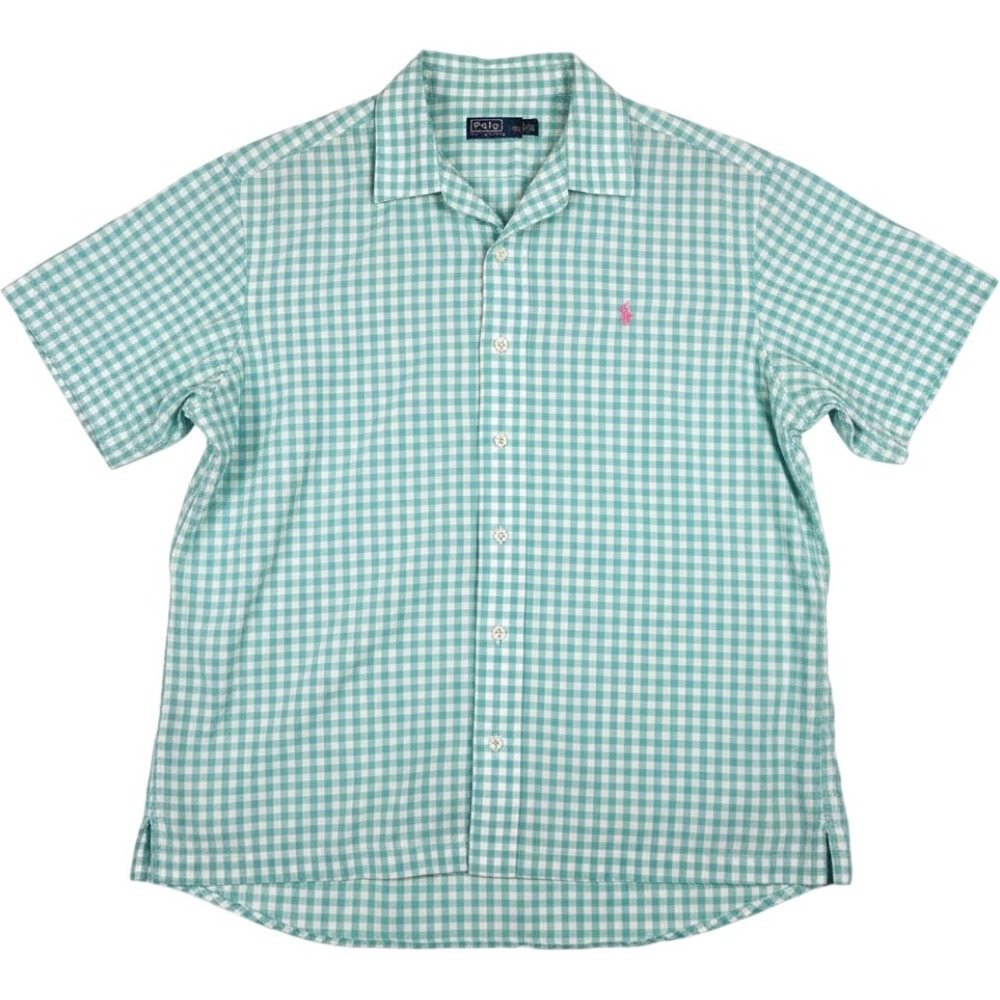Polo Ralph Lauren Mens XXL Gingham Camp Collar Shirt Teal White Short Sleeve